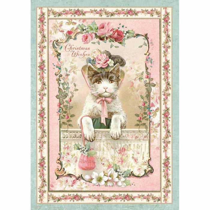 STAMPERIA A4 RICE PAPER  PINK CHRISTMAS KITTEN