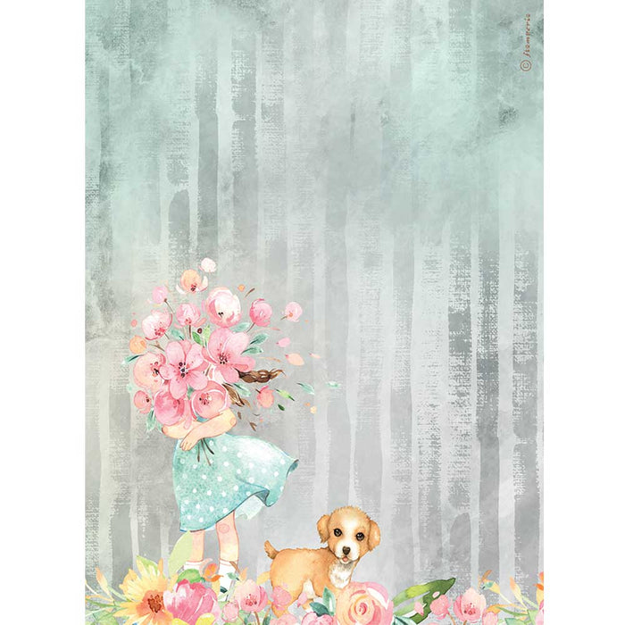 STAMPERIA A4 RICE PAPER CIRCLE OF LOVE BOUQUET AND DOG - DFSA4528