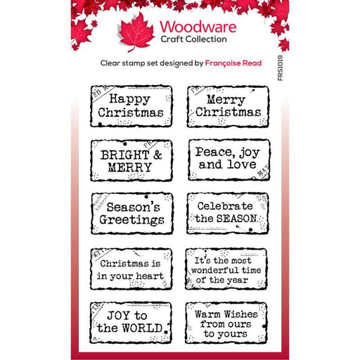 WOODWARE CLEAR STAMP 4 X 6 IN CHRISTMAS DISTRESSED LABLES - FRS1019