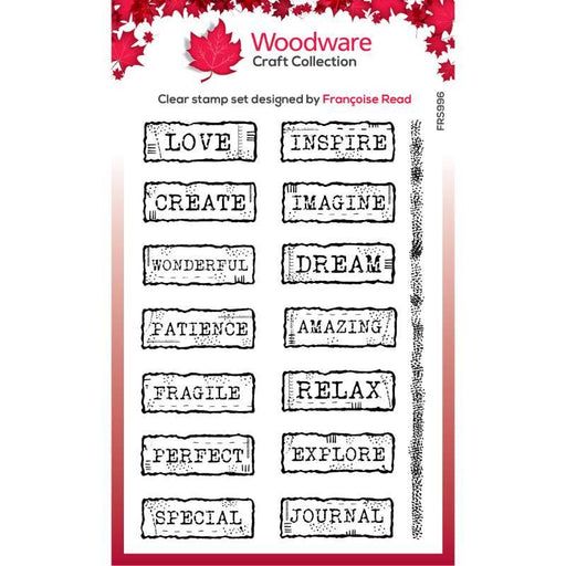 WOODWARE CLEAR STAMP 4 X 6 IN JUNK LABELS - FRS996