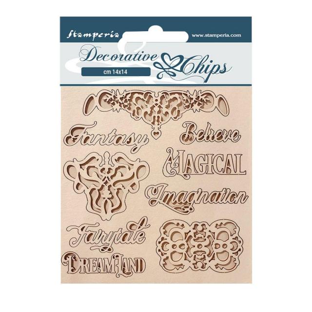 DECORATIVE CHIPS CM 14X14 - MAGIC FOREST WRITING AND PLATES - SCB162